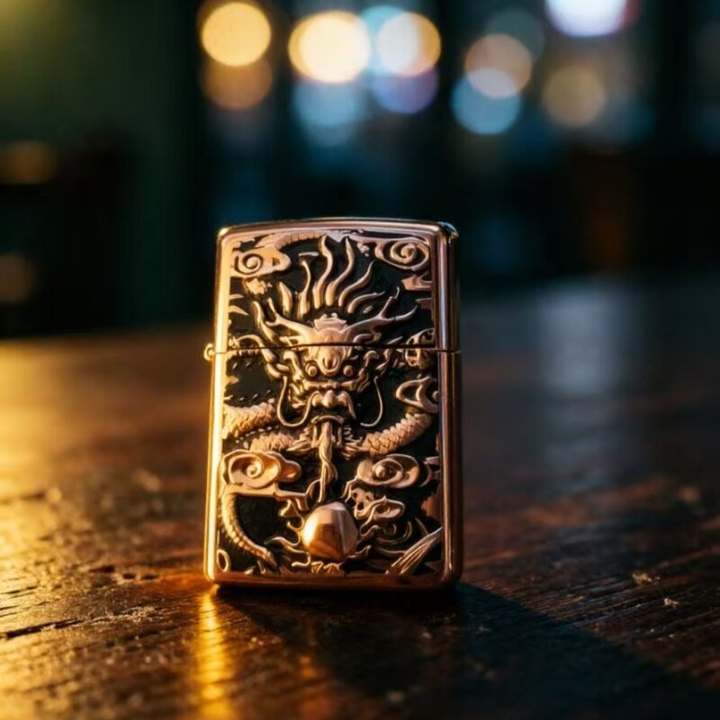 Zippo祥龙打火机 国风贴章设计复古红铜煤油火机送男友送父亲礼物