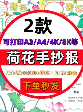 荷花手抄报模板电子版植物荷花介绍手抄报小学生线稿4K8K成品A3A4