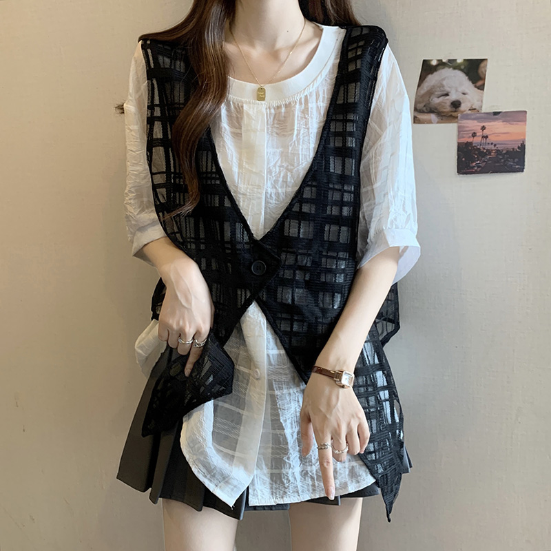 蕾丝网纱马甲假两件短袖T恤女2025夏季新款大码胖mm中长遮肚上衣