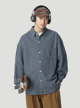 AFZZ日系复古春秋牛仔条纹长袖衬衫男拼接设计休闲蓝色衬衣外套