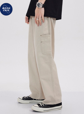 AFZZ街头帅气美式杏色工装牛仔裤纯棉显瘦宽松直筒阔腿休闲裤男