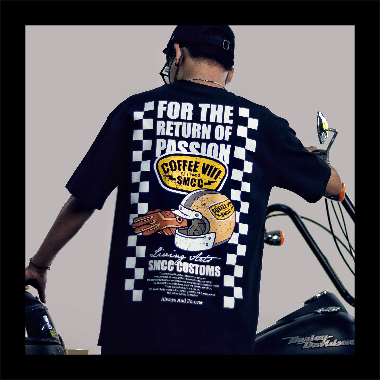 定制插画复古Retro trend印花休闲圆领免烫短袖机车组合全盔