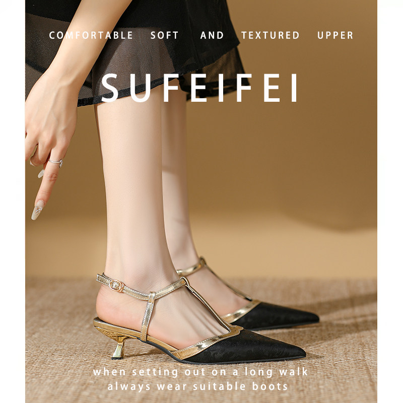 SUFEIFEI高跟鞋女细跟【羊皮版】气质配裙子旗袍国风包头后空凉鞋