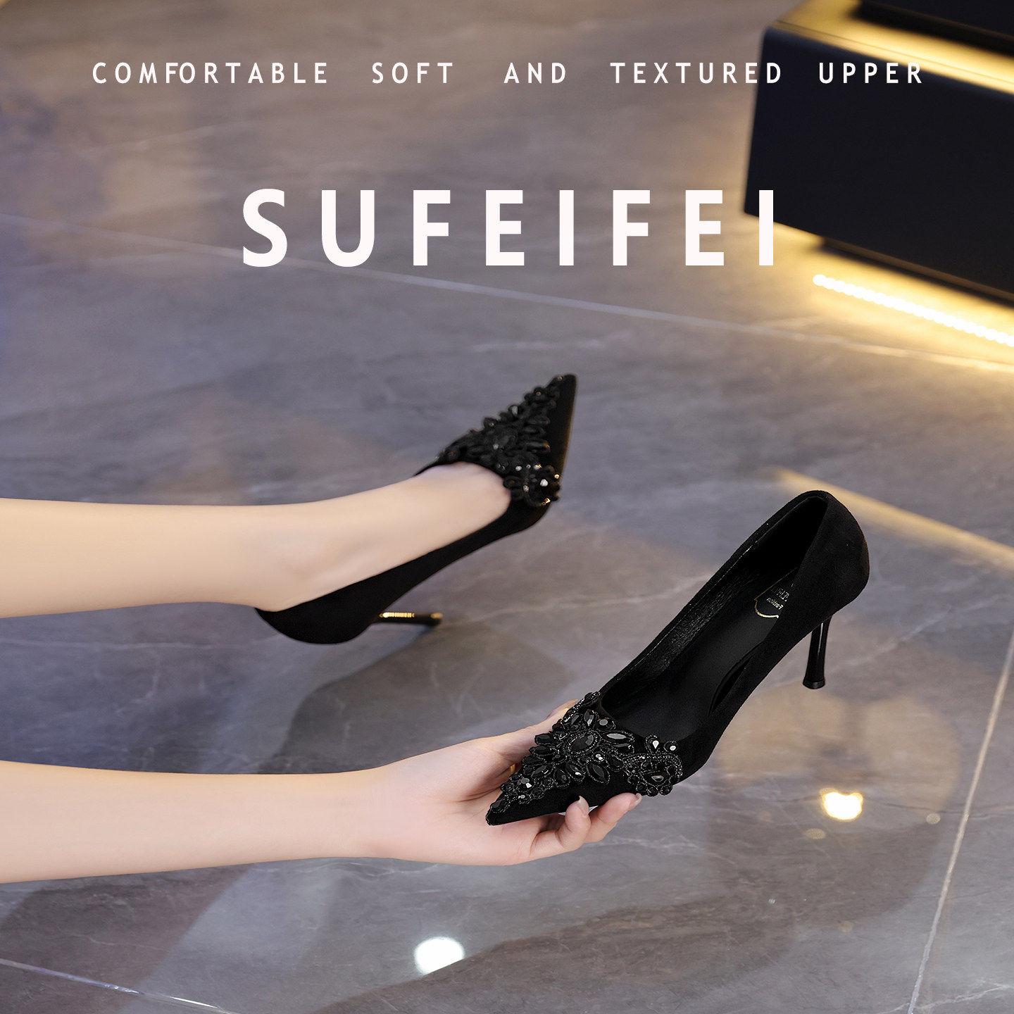 SUFEIFEI【羊皮版】黑色高跟鞋新款小众轻奢配旗袍高级感法式宴会