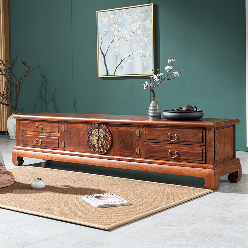 实木中式现代仿古电视柜小户型榆木地柜家用客厅卧室茶几组合墙柜