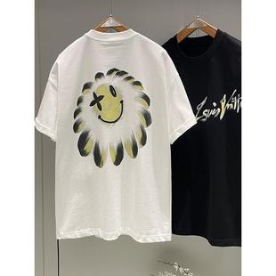 設(shè)計感花朵笑臉印花短袖 新品 300g重磅純棉五分袖 上衣服 T恤男夏季