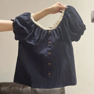 衬衫 小个子时尚 高级感甜美减龄花边领泡泡袖 女夏季 上衣 短款 小衫