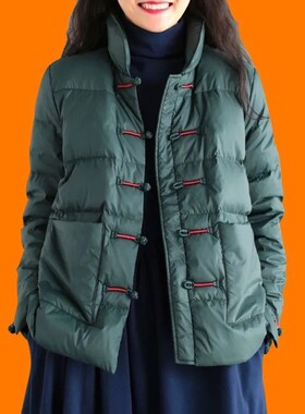 中式复古盘扣羽绒棉轻薄棉服外套女秋冬新款大码加厚国风立领棉衣