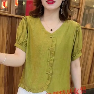 宽松显瘦纯色t恤 夏季 V领棉麻短袖 衬衫 女宽松减龄上衣中年妈妈大码