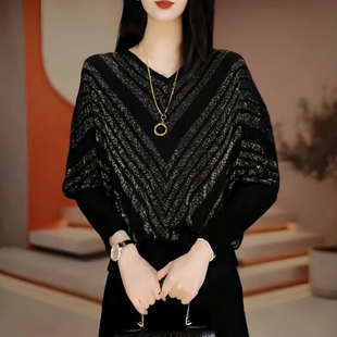 黑色套头毛衣女士秋冬慵懒高级感软糯宽松显瘦条纹V领针织衫上衣