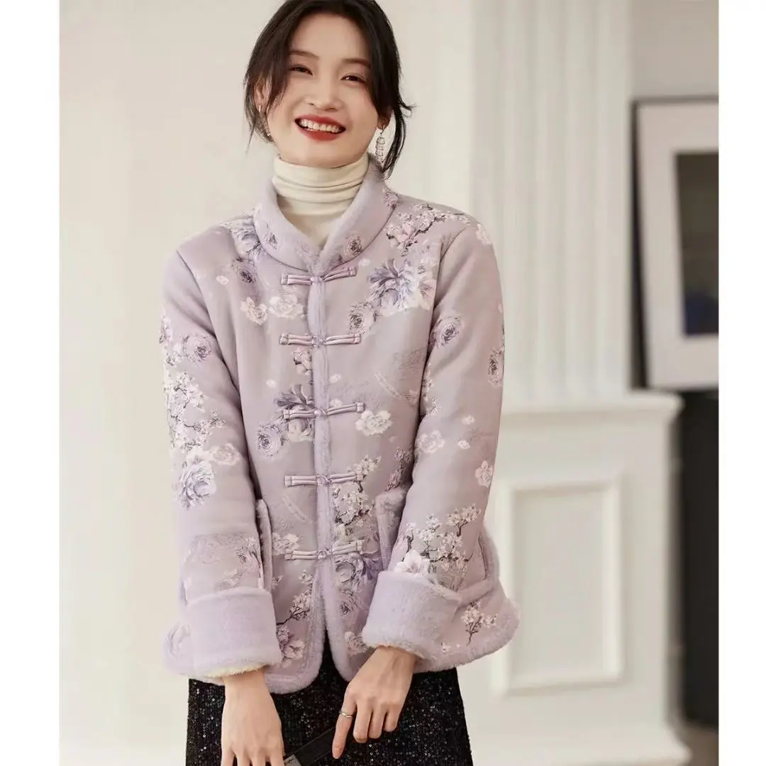 妈妈冬装新中式国风加绒棉衣妈妈加厚唐装外套盘扣小碎花棉袄棉服