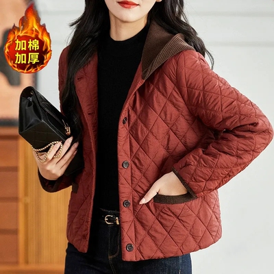 秋冬夹棉外套女2025新款时尚洋气小个子妈妈短款休闲连帽菱格棉服