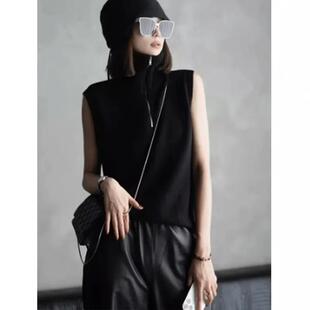 时尚高领半拉链无袖毛衣女秋冬天设计感小众马甲别致短款背心上衣