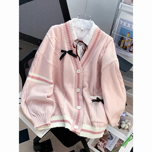 深秋初冬韩系穿搭粉色慵懒毛衣外套女2025新款小个子宽松针织开衫