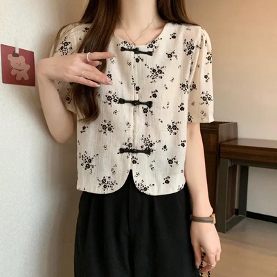 新中式国风上衣女夏季2025超火减龄大码胖mm遮肚雪纺短袖衬衫新款