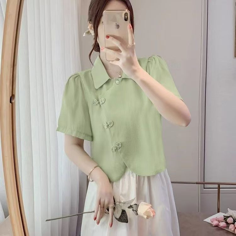 2026春夏新款女短款温柔新中式国风甜美高级感上衣雪纺衫短袖T恤图片