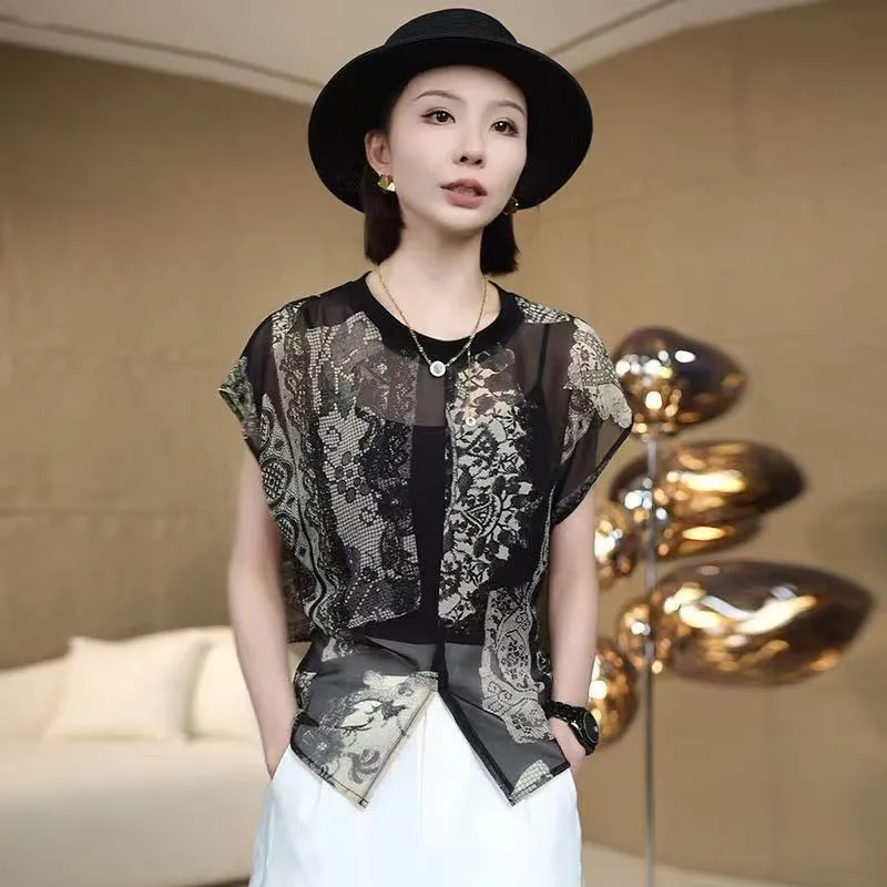 高级感洋气收腰显瘦印花衬衫女夏季气质法式无袖圆领休闲上衣衬衣
