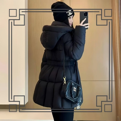 黑色棉服女冬季今年爆款2025新款加厚羽绒棉衣收腰中长款棉袄外套