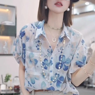 女裝 小衫 時尚 小眾短袖 新款 薄款 復(fù)古印花雪紡防曬襯衫 上衣 2025夏季