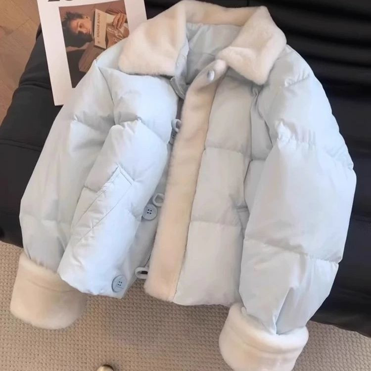 韩系甜美蓝色拼接羊羔毛翻领羽绒棉服外套女冬季超好看洋气小棉袄