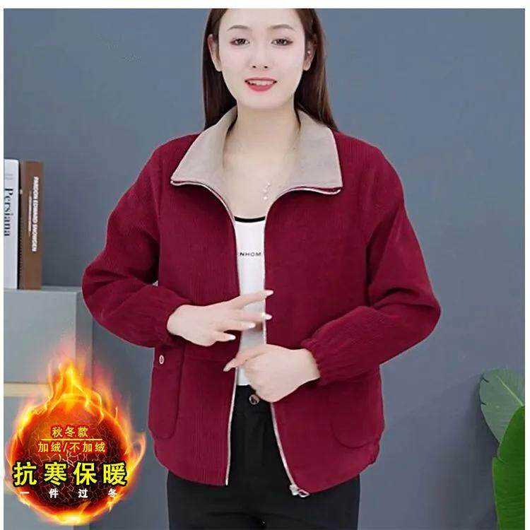 秋冬时尚妈妈灯芯绒短外套拉链方领夹克四五十岁中老年加绒绒大码