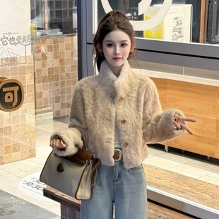 上衣 立领加厚皮草短款 高级感皮毛一体羊羔毛外套女小个子冬季 新款