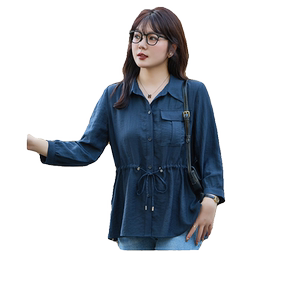 大码女装长袖衬衫秋季新款Polo领七分袖收腰显瘦微胖mm开衫女上衣