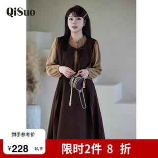 大码假两件套连衣裙新款冬装木耳边领马甲显瘦胖MM磨毛厚A字长裙