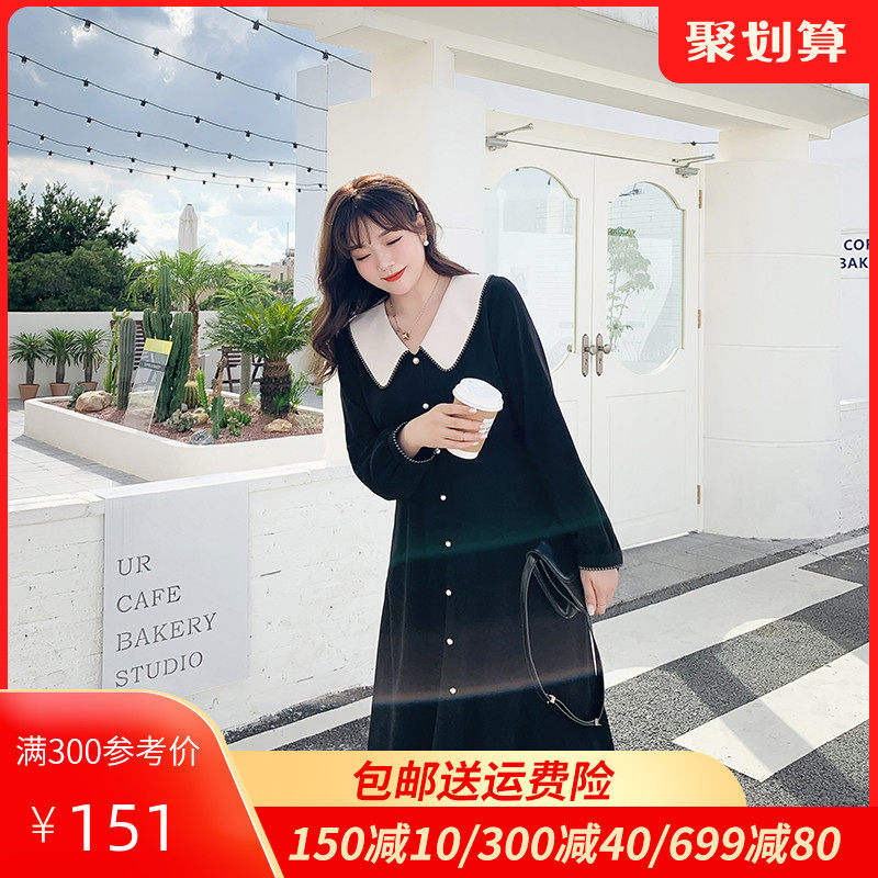 绮娑2020秋装新款显瘦遮肚中长款娃娃领大码连衣裙胖MM黑色雪纺裙