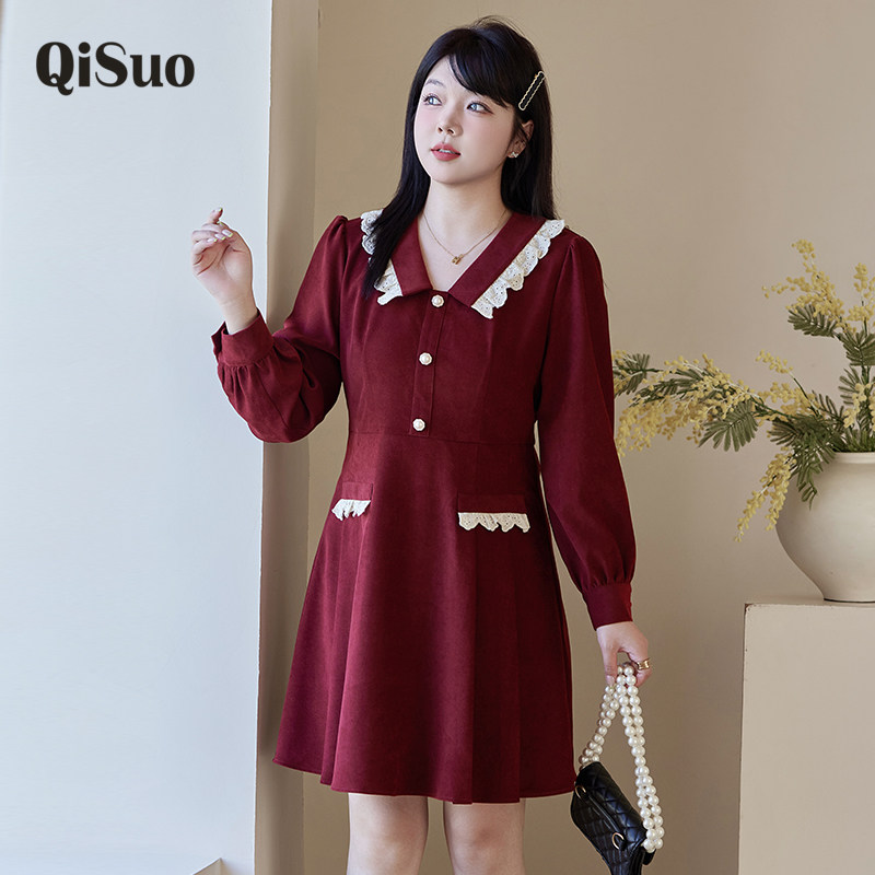 绮娑大码冬装新款V领收腰A字裙遮肚子显瘦胖mm长袖磨毛红色连衣裙