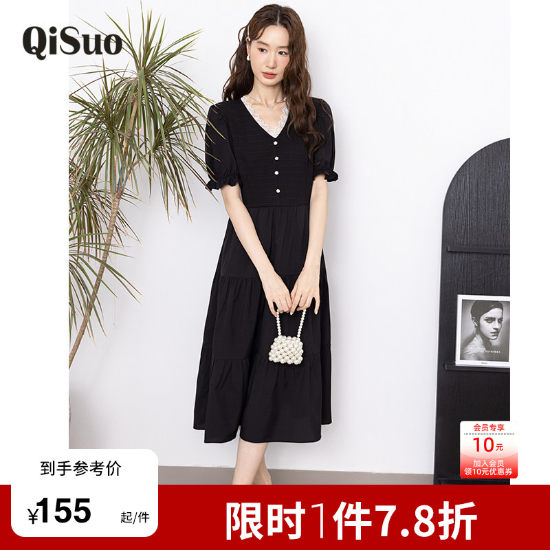 绮娑大码女装2026年夏装新款显瘦胖mm连衣裙V领蕾丝拼接小黑裙子图片