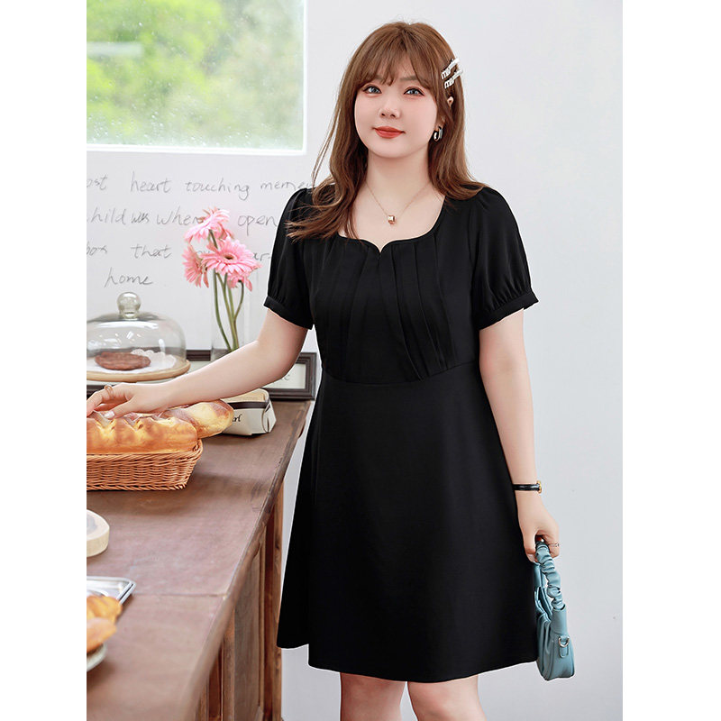 显瘦大码胖MM连衣裙2023年夏装新款V领气质优雅黑色短袖雪纺裙子