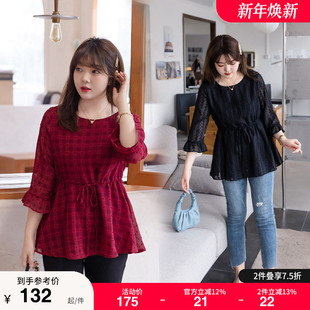 洋气收腰显瘦胖MM遮肚藏肉格子雪纺衫 大码 新款 上衣2025秋季 女装