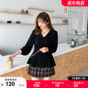 小衫 绮娑秋装 胖妹妹遮肚大码 v领显瘦长袖 胖mm女上衣宽松 2025新款
