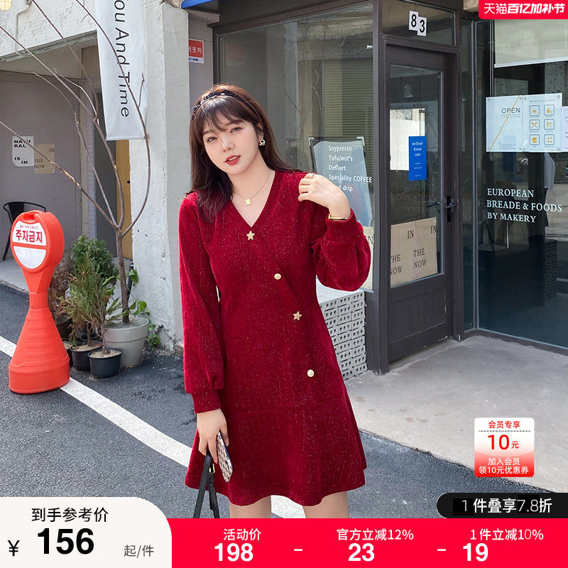 冬装加厚新款气质名媛针织打底外穿遮肉显瘦胖MM大码连衣裙红色