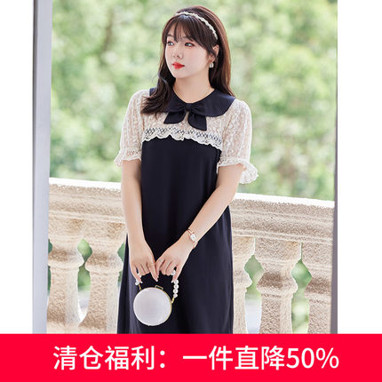 2023夏季新款大码女装显瘦胖MM连衣裙法式蕾丝拼接假两件直筒裙子