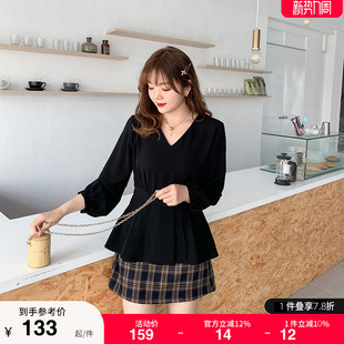 V领小衫 绮娑大码 气质百褶收腰遮肚子长袖 新款 显瘦胖MM上衣女春装