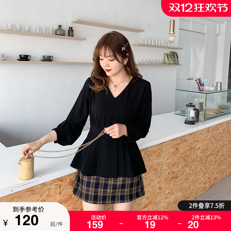 v领长袖胖妹妹遮肚雪纺衫早秋装