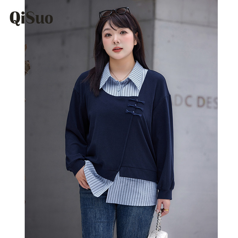 绮娑大码胖MM显瘦卫衣女秋冬装新款POLO领盘扣拼接假两件套头上衣,女装/女士精品,大码内搭,淘宝优惠券,粉丝福利购,淘宝优惠卷