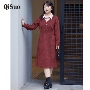 绮娑大码新款女装冬季磨毛拼接假两件显瘦胖MM连衣裙气质A字长裙