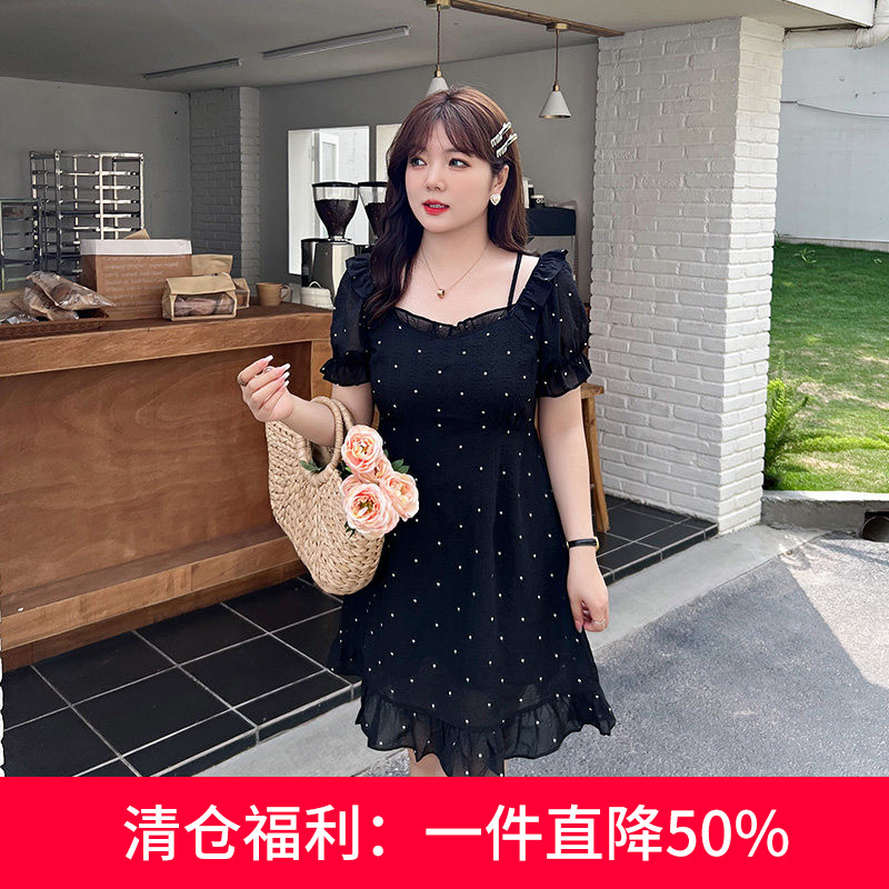 大码裙子黑色夏装波点连衣裙a图片
