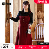 绮娑冬装 假两件连衣裙 新款 收腰A字遮肉显瘦胖MM红色磨毛复古大码
