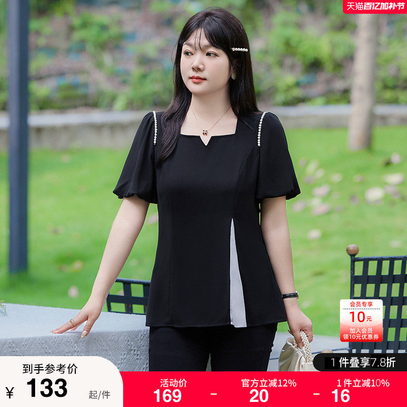 显瘦大码女装黑色短袖上衣夏装新款法式气质V领泡泡袖开衩雪纺衫