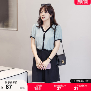 洋气V领显瘦遮肚宽松胖mm减龄雪纺衫 2026年夏装 女装 上衣大码 新款