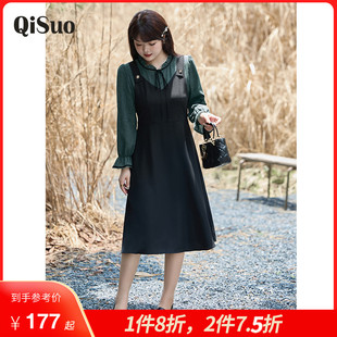显瘦胖MM连衣裙假两件套长袖 绮娑大码 新款 女装 藏肉收腰小黑裙 秋季