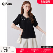 上衣女夏装 新款 胖妹妹黑色百搭短袖 绮娑显瘦大码 娃娃领减龄T恤衫