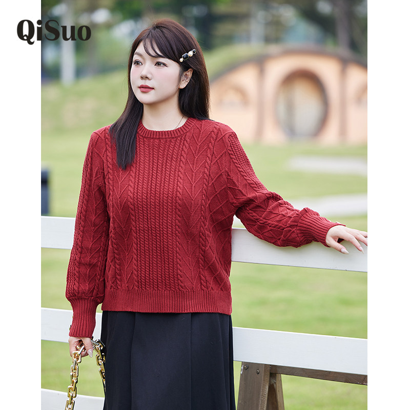 绮娑大码针织衫上衣女装2024冬新款显瘦胖MM长袖套头红色厚毛衣女,女装/女士精品,大码内搭,淘宝优惠券,粉丝福利购,淘宝优惠卷