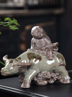 陶瓷精品哥窑牧童棋圣茶宠茶玩可养创意开片功夫茶盘茶具茶台摆件