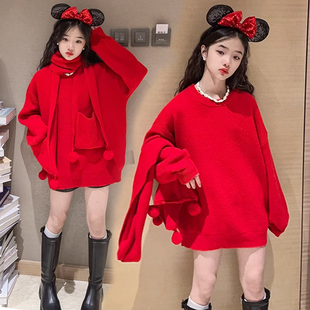 女童红色毛衣2024秋冬款儿童新年装中大童洋气中长款针织衫上衣潮