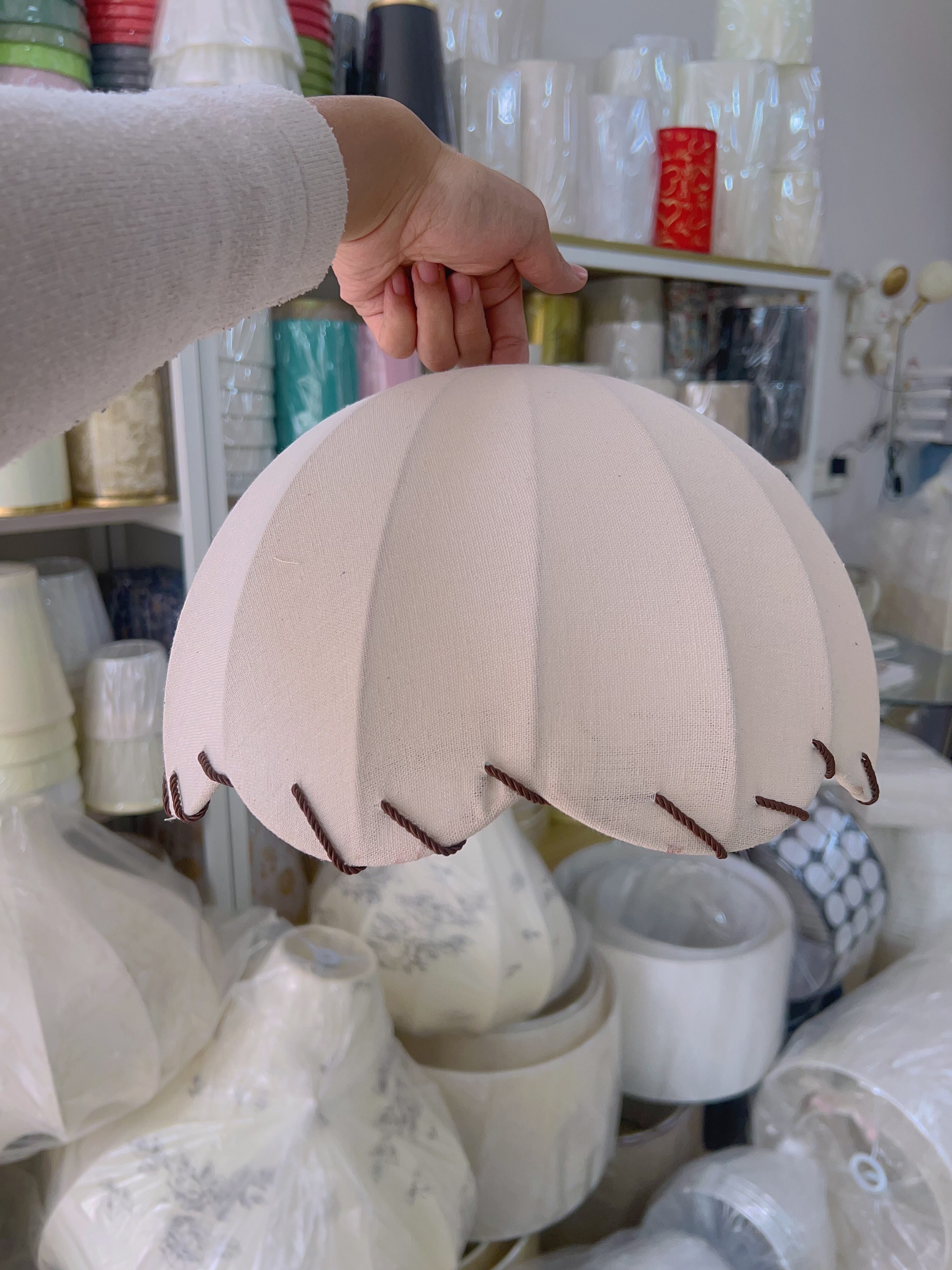 吊灯灯罩麻布罩复古中古风元宝灯罩书房圆形钓鱼灯具配件落地灯